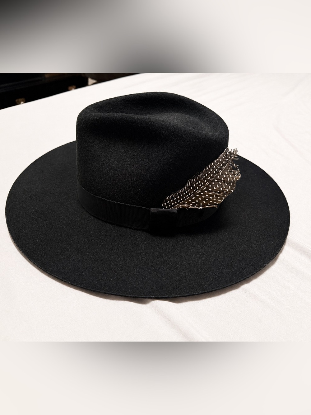 Black Felt Wide-Brim Fedora with Feather Trim